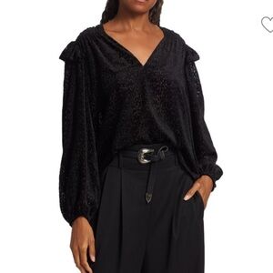 Tanya Taylor Lucy Devore Pullover Burn Out Printed Blous Ruffled Shoulder XS